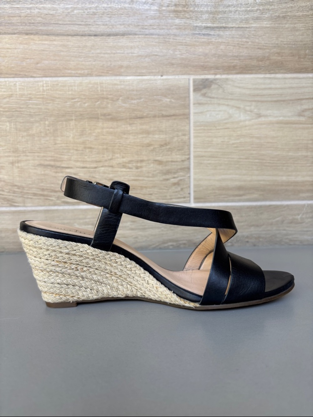Cole Haan Black Leather Espadrille Taylor Wedge Sandal 7B